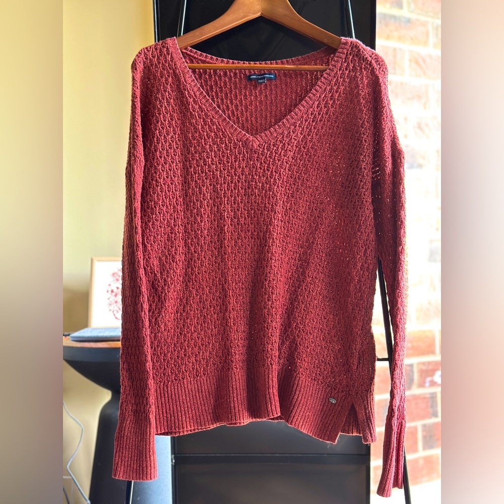 American Eagle Outfitters Brown V-Neck Sweater Ribbed Knit